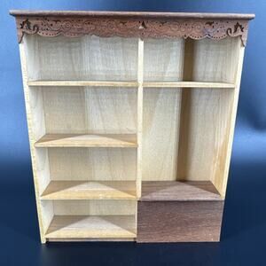 Vintage Handmade Wood Mini Wall Book Shelf with Chest, 1/12 Scale Artist Signed